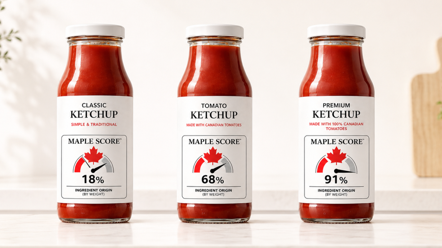 Illustrative comparison of three food products showing MAPLE Scores of 18%, 68% and 91% Canadian ingredient origin.